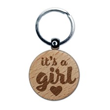 It's a Girl Baby Shower Party Engraved Wood Round Keychain Tag Charm