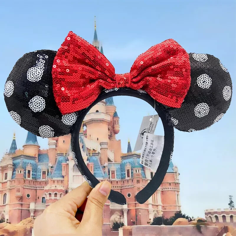 Disney Parks Original Red Polka Dot Sequins Ear Headband Minnie Mouse Black White Polka Dot Red Sequin Bow Disney  main image 4