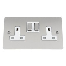 13 Amp Wall Plug Socket Double 2 Gang in Brushed Satin Matt Chrome Flat Style