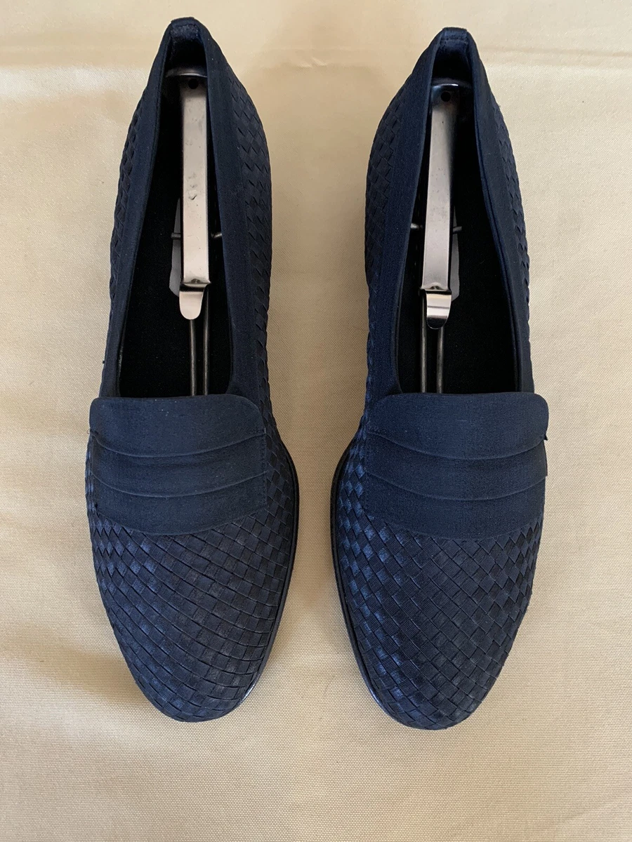 Bally Pierre Italy Black Silk Woven Loafers Slip On Tuxedo Shoes