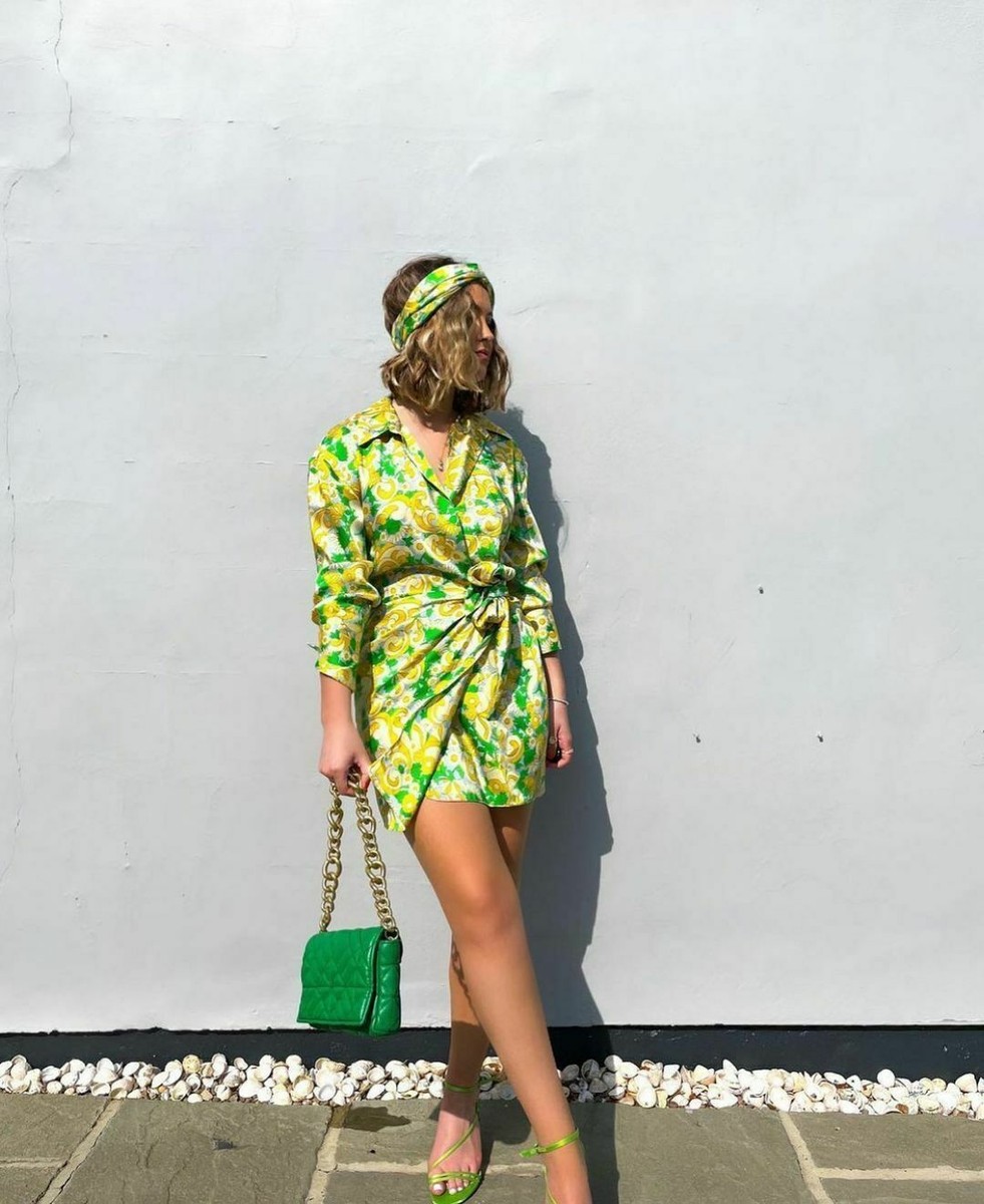 Zara Green Printed Wrap Dress With Headband Size M Ref 2950 150