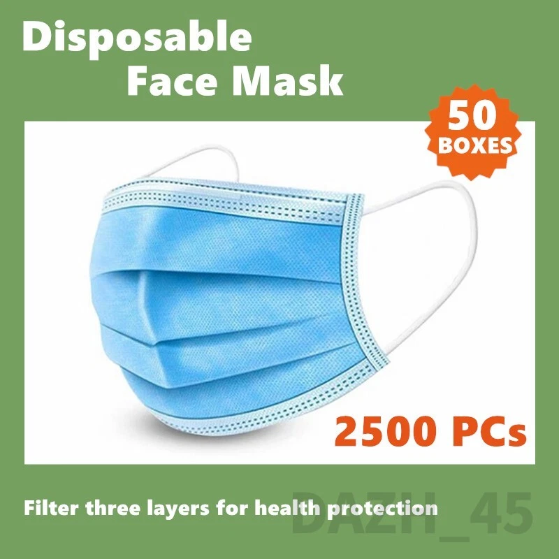 50 Boxes 2500Pcs Disposable Blue 3Ply Face Mask with Earloop for Personal Health
