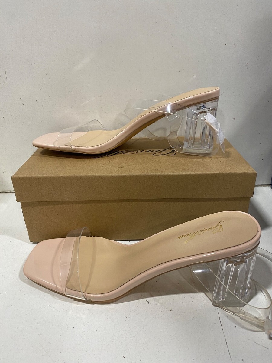 GENSHUO Clear Chunky Block Heels for Women Transparent Square Toe