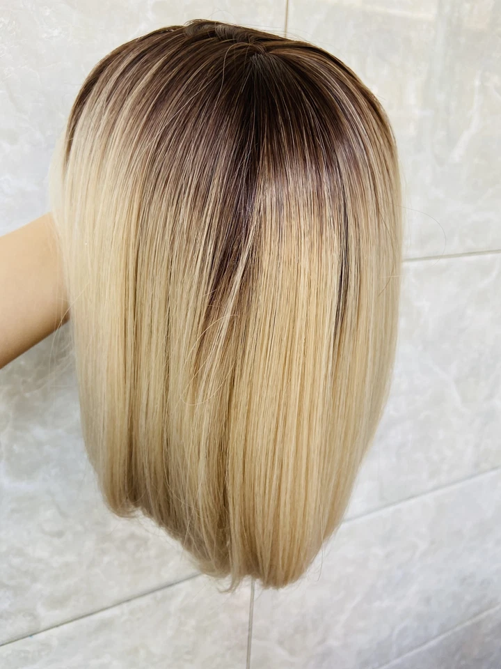Pelucas de cabello sintético rubio bob ombre suave foto real con flequillo mujeres naturales Foto 4 de 4