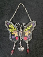 Grandma Butterfly Suncatcher with Pressed Flower Wings and Heart Charm VINTAGE