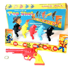 RARE_PRAIRIE POP SHOT_BOXED VINTAGE TIN PLATE & PLASTIC TOY_1950s COWBOY GAME