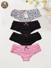 Low Waist Lace Panties Women's Floral Print Seamless Soft Underwear 4 Pcs