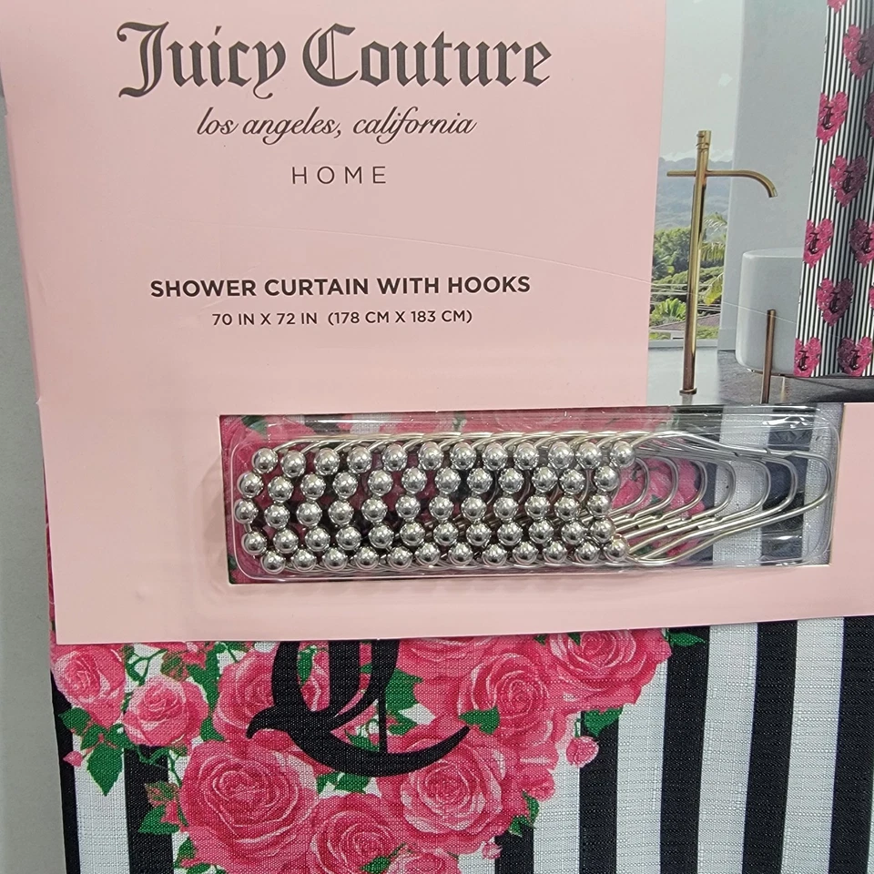 JUICY COUTURE Fabric SHOWER CURTAIN Wit HOOKS 70x72 Heart Florals Black Striped - Image 4 of 4