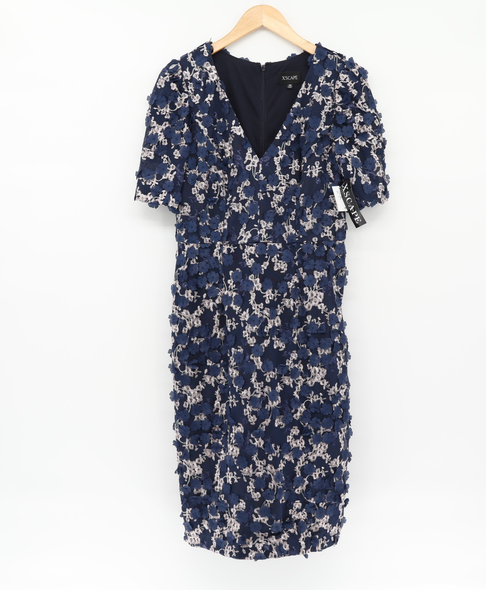 women's xscape dresses Long Flower Ilusion Sleeve Off-the-Shoulder Scuba Crepe Gown, Navy, 4 : Clothing, Shoes & Jewelry shoulder Ruffled Glitter Gown Xscape Women's Beaded Detail Bodice