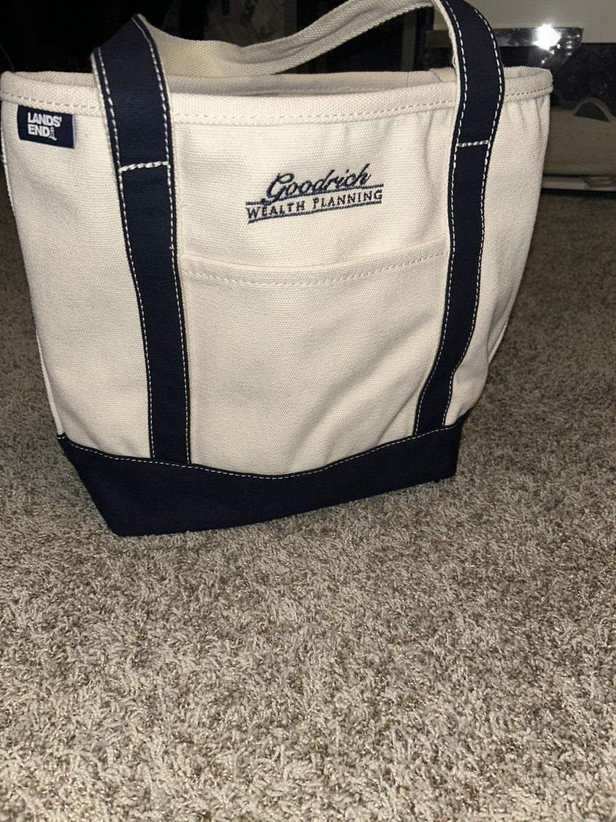 Land's End TOTE Large ZIP TOP Natural/Navy Heavy Duty Canvas Bag