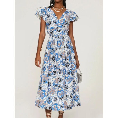 Tanya Taylor Kate Abstract Floral Midi Dress Size 0 Marina Multi Blue White