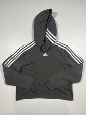 Adidas Hoodie Sweatshirt Womens Medium Gray 3 Stripes Pullover Athletic Crop Top