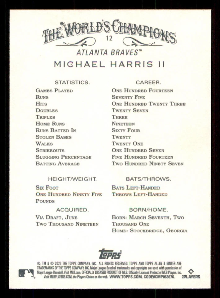 2023 Topps Allen and Ginter #12 Michael Harris II RC - Image 2 of 2