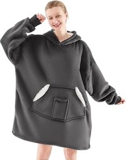 Wearable Blanket Hoodie, Oversized Sherpa Fleece Sweatshirt Dark Grey