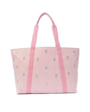 VICTORIA'S SECRET HERITAGE PINK STRIPED CANVAS TOTE BAG ZIPPER RHINESTONES NWT