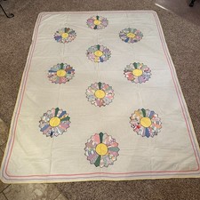 Vintage Grandmas Flower Hand Sewn Quilt Lap Blanket 39  X 89  Multicolor