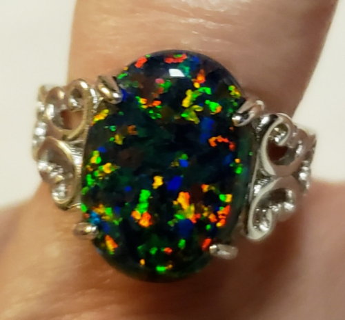Beautiful 100 % Natural Ethiopian Fire Black Opal Ring 925 Sterling Silver Ring - Picture 1 of 7