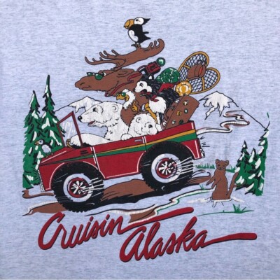 Vtg Cruisin  Alaska Funny Animal Graphic Single Stitch Gray Screen Stars Tee XL
