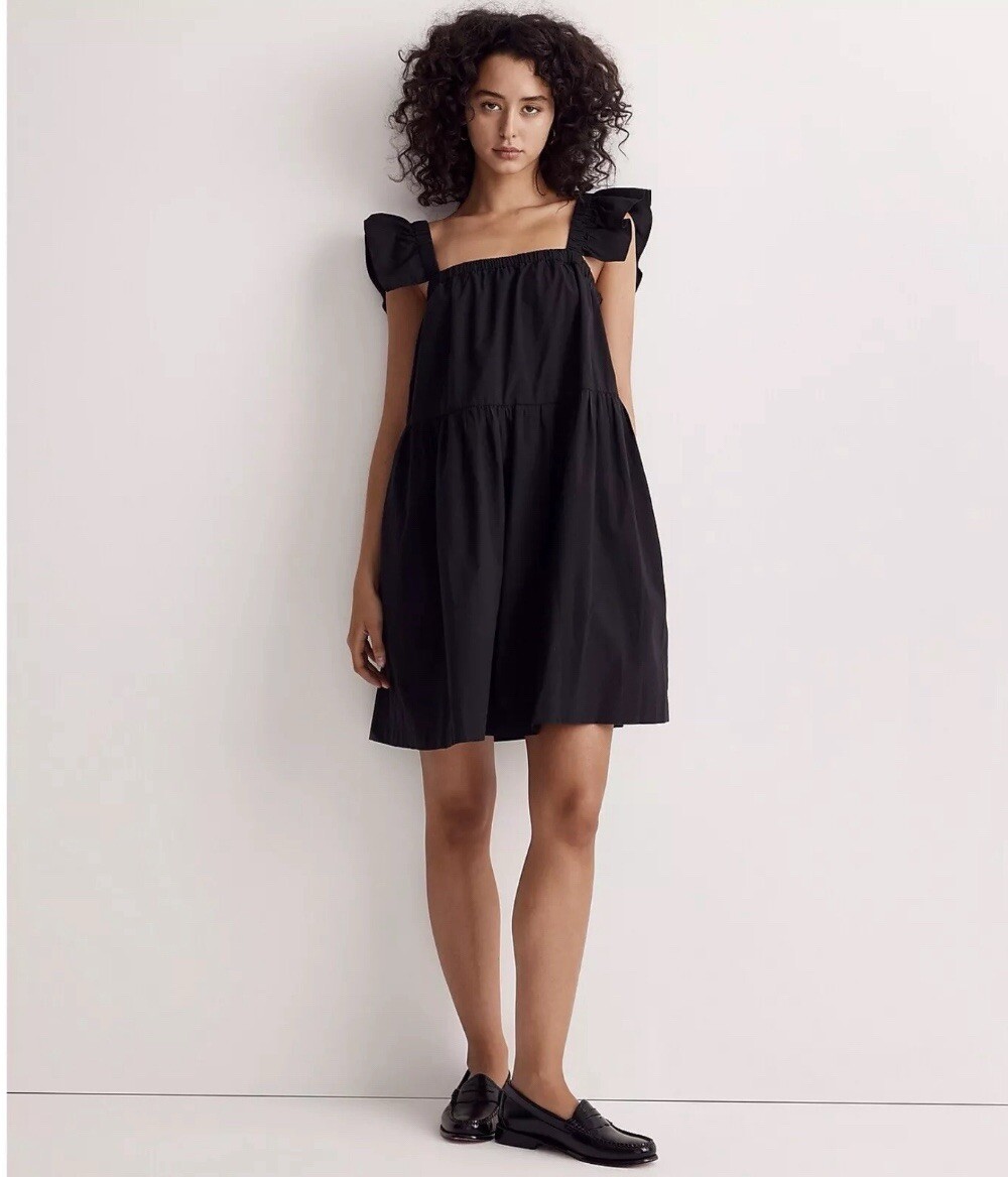 Madewell Womens Flutter-Sleeve Square-Neck Mini Dress True Black Size XS