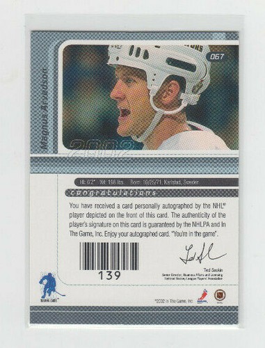 01/02 BAP Signature Series Ottawa Senators Magnus Arvedson Gold Auto card #67 - Bild 2 von 2