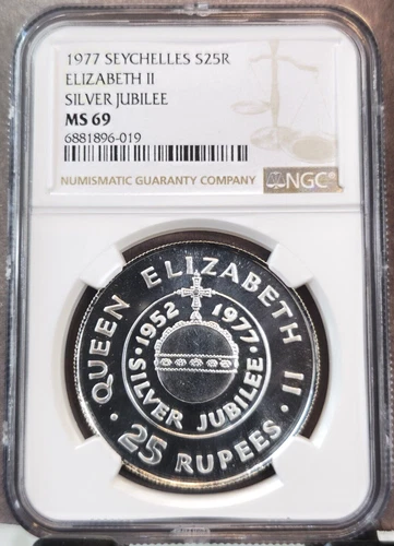 1977 SEYCHELLES SILVER 25 RUPEES QUEENS SILVER JUBILEE NGC MS 69 RARE TOP POP 1