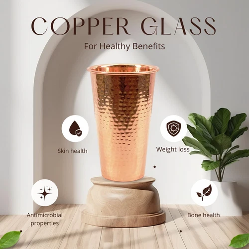 Pure Copper Water Glass Hammered Drinking Tumbler Set Of 2 PC 450ml Capacity - Picture 3 of 4