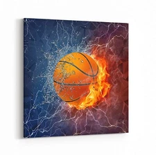 Basketball Canvas Wall Art, Cool Sport Ball on Fire and Water Abstract Giclee...
