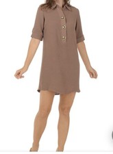 Luxology Women's Small Tan/Beige V-Neck Solid Collared Triple Button Dress