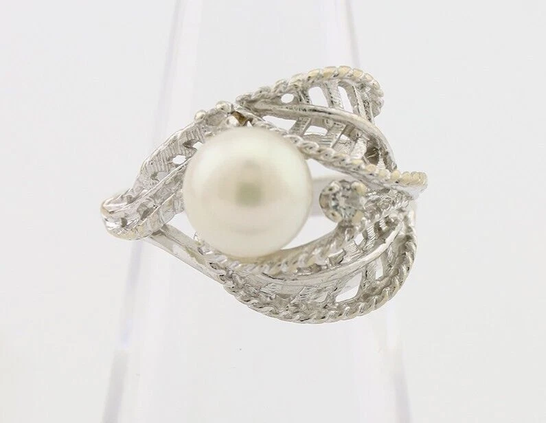 Anillo de diamantes y perlas blancas naturales de oro macizo de 10 k para mujer Foto 4 de 4