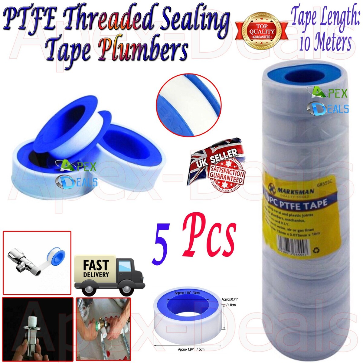 PTFE Teflon Plumber's Thread Seal Tape - 10 Meter Roll, 12mm Wide, White