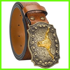 Western-Cowboy-Belts for Women Men Vintage Floral-Engraved Bull Head Buckle C...