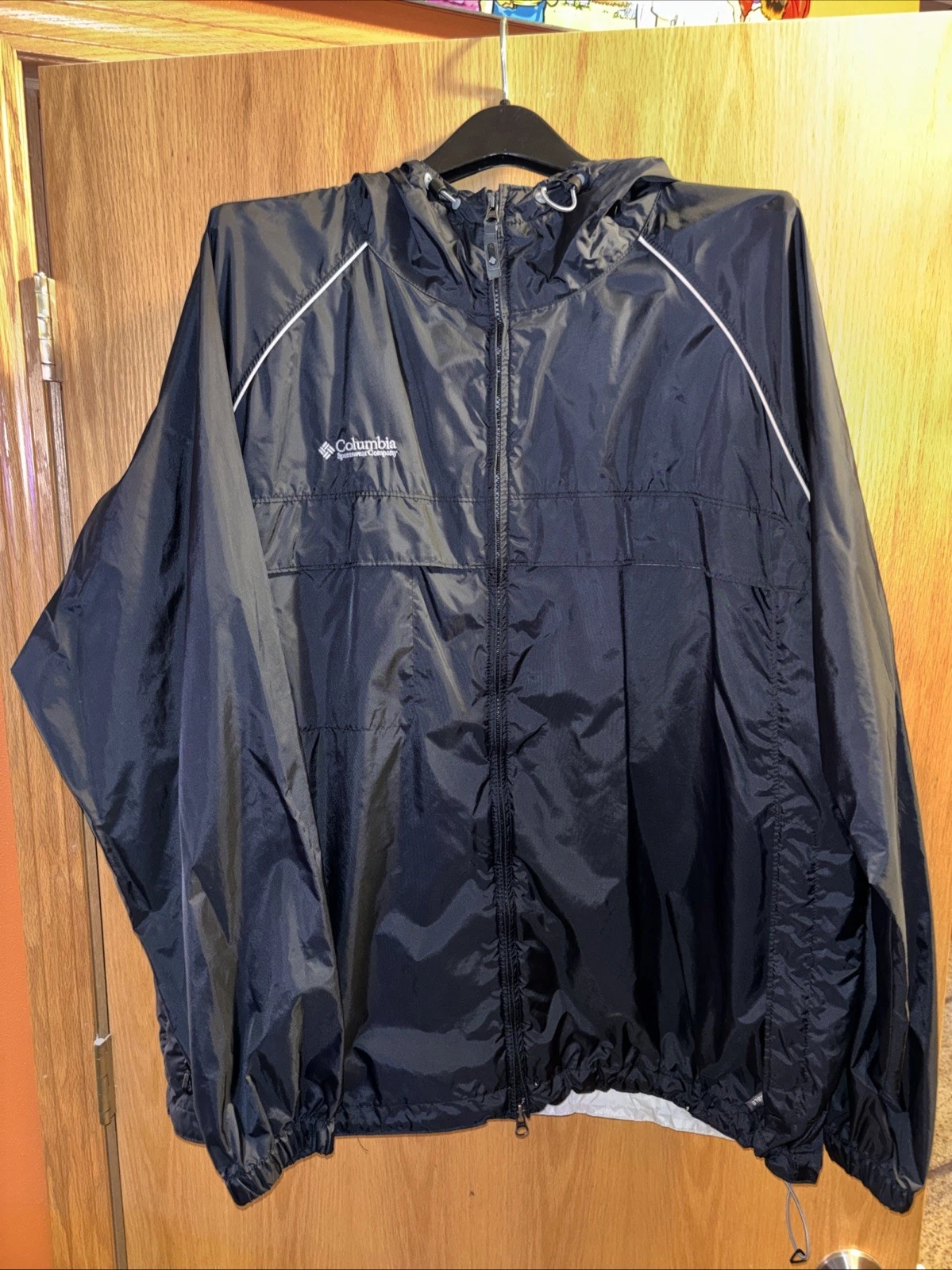 Columbia Hooded Windbreaker Jacket Mens 2X XXL BLACK Full Zip Nylon Rain Jacket
