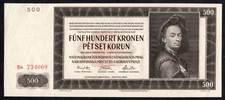 Bohemia and Moravia 500 Korun 1942 P12a UNC  * Issued Note * Not Perforated *
