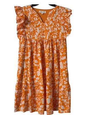 SHE + SKY Women s Size Medium Orange White Floral Pintuck V-Neck Ruffle Dress