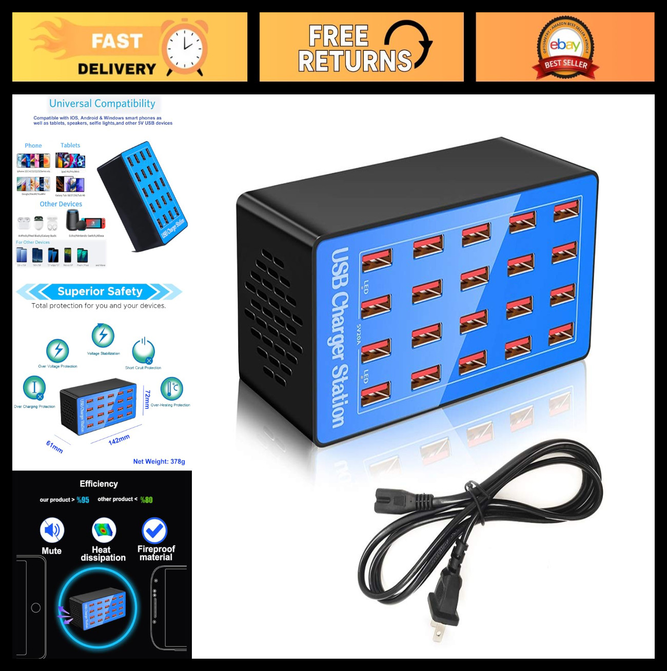 20-Port USB Charging Station for Devices