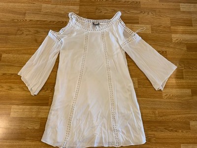 Neiman Marcus White Eyelet Lace Trim Cold Shoulder w/Flare Sleeve Dress Sz Large