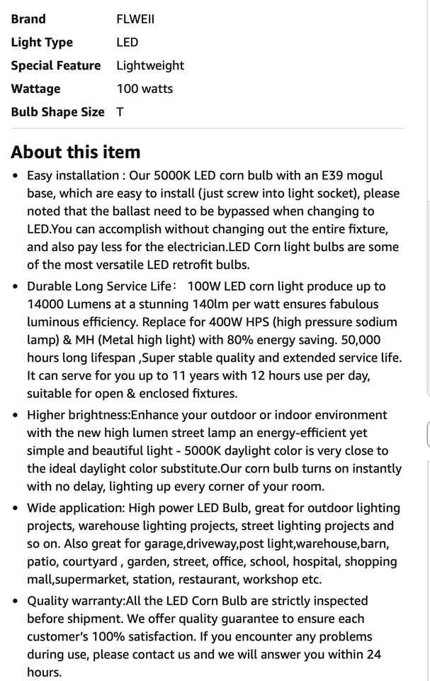 2-Pack LED Corn Light Bulb, 208-480V 100W E39 Mogul Base 5000K,14000 LM Replacem - Image 4 of 4