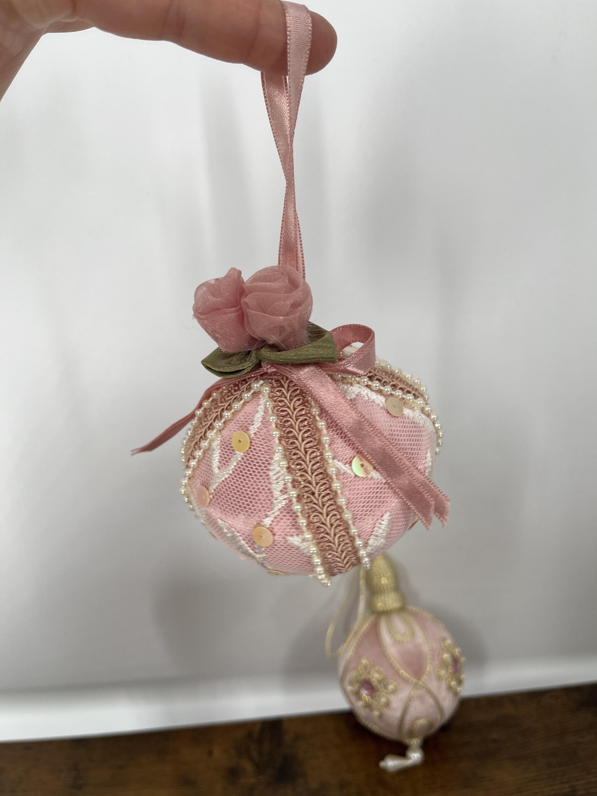 Vintage Handmade Victorian Lace Pearl Rose Christmas Ornaments Shabby Chic