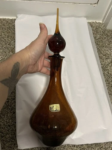 Vintage rare MCM pilgrim amber crackle glass large decanter with stopper Blenko