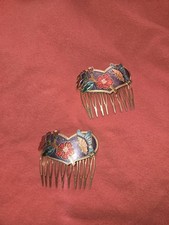 Two Vintage Cloisonn Hair Combs Floral Heart Design Floral Butterfly