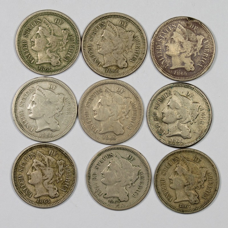 Lot of (9) Nickel Three Cent Pieces - 7x 1865, 2x 1867