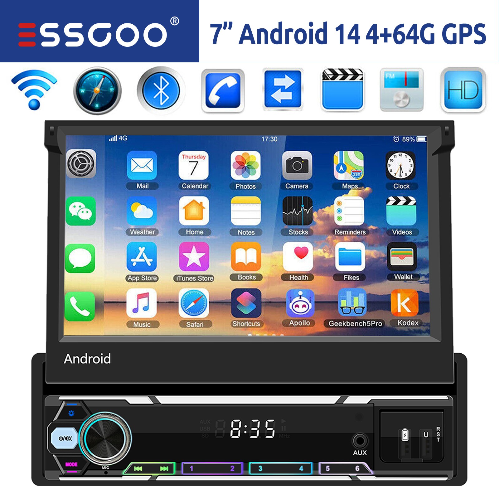 Autoradio 7 pollici 1 DIN 4+64G Android 14 Carplay GPS Bluetooth FM RDS WIFI AUX EQ