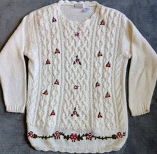 Hand Knit Bobbie Brooks Cottage Sweater Floral Accents, Vintage Winter Medium