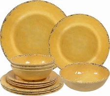 12-Piece Rustic Melamine Dinnerware Set With Dinner Plate, Salad Plate Yellow 
