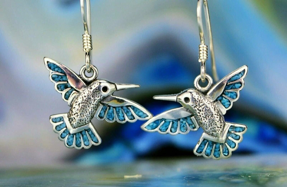 Hummingbird Earrings • 925 Sterling Silver • Navajo Handcrafted • Native... - Image 2 of 4