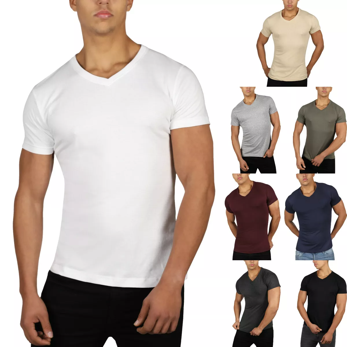 New Mens Slim Fit V Neck T Shirt Muscle Top Gym Short Sleeve Plain