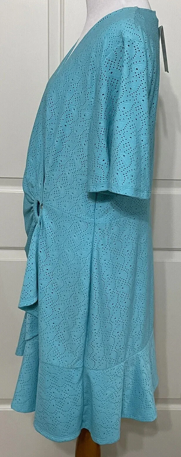 Abito Michael Kors taglia XL turchese manica corta volant aderente e svasato $155 nuovo con etichette