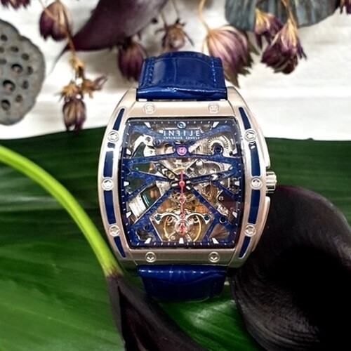 Orologio Automatico Infije Scheletrato Blu con Cinturino in Pelle - Foto 3 di 7