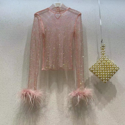 Lady Rhinestone Blouse Shirt Feather Trim Sheer Mesh Pullover Top Glitter Shiny