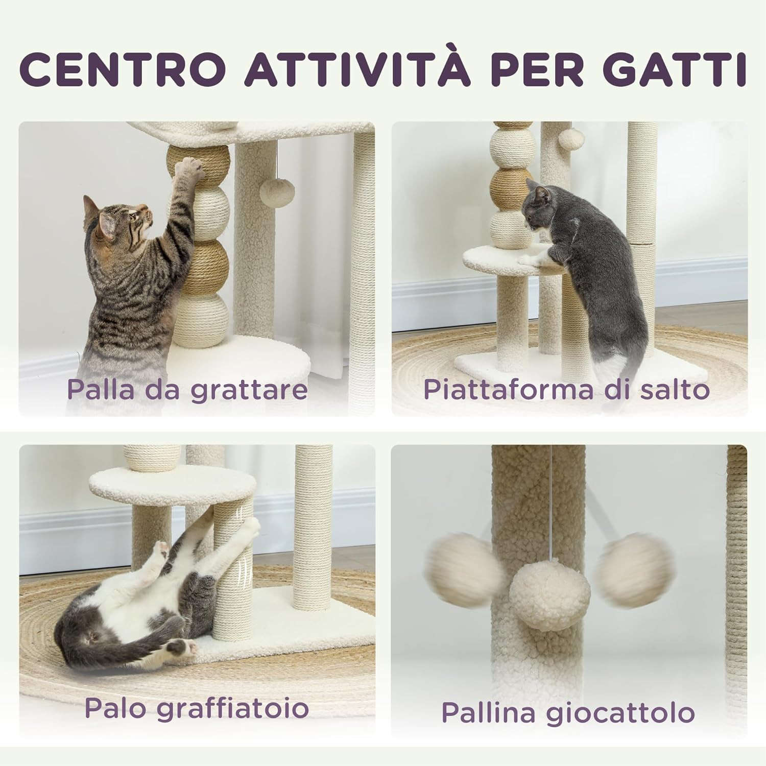 Albero Tiragraffi per Gatti con Pallina Giocattolo, Piattaforma e Lettino Superi foto 4